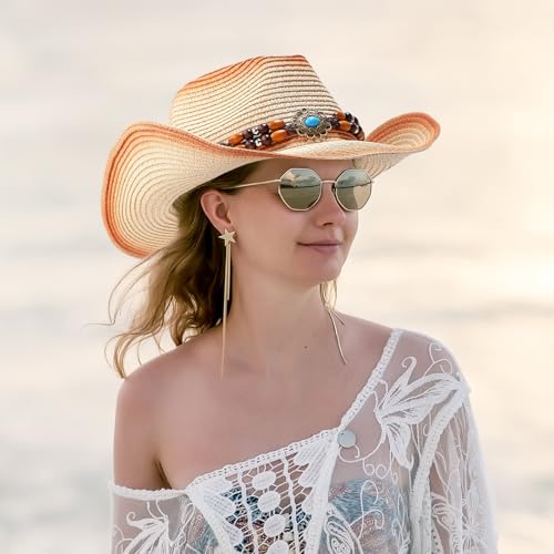 Image of JaGely 6 Pcs Men's Women's Straw Cowboy Hat Adjustable Western Cowgirl Classic Retro Woven Cowboy Hat with Wide Brim