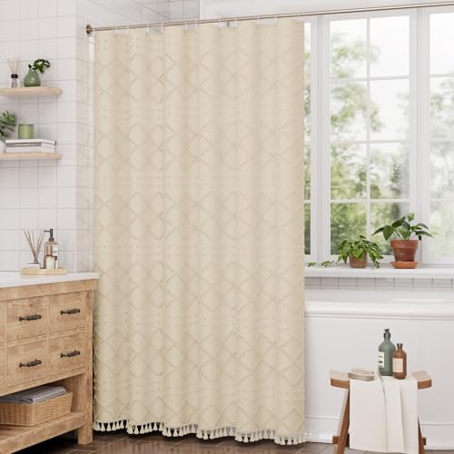 Image of AmazerBath Boho Farmhouse Shower Curtain with Tassels, Soft Cloth Chevron Beige Shower Curtain Set, Fabric Diamond Stripes Rustic Shower Curtain with Hooks, Hotel Quality, 72x72 Inches