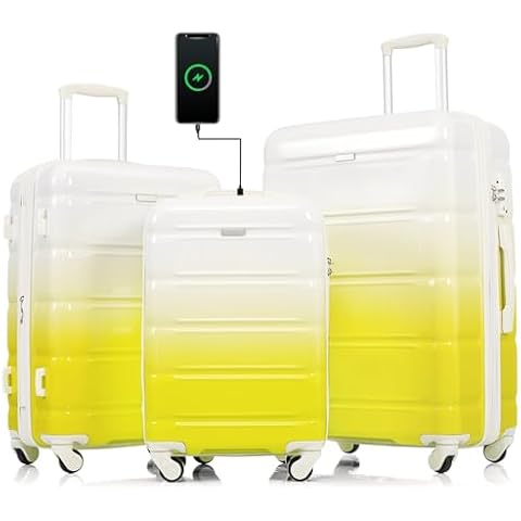 HOMIQUEEN 3 Pieces Luggage Set, Carry-on Luggage with USB Port, Cup Holder&TSA Lock, ABS+PC Hard Shell Luggage with Spinner Wheels, 20/24/28 Inch (lemon yellow) Cover