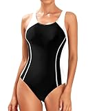 Tempt Me Women One Piece Swimsuits Athletic Racerback Swimwear Training Exercise Slimming Bathing Suit Black White M