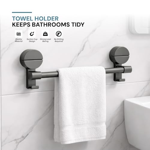 Image of Amazon Basics Suction Towel Holder for Bathroom - Rust - Free Powder Coated Wall Mounted Towel Rack No Drill Towel Rack Modern Bathroom Accessories Organizer Grey