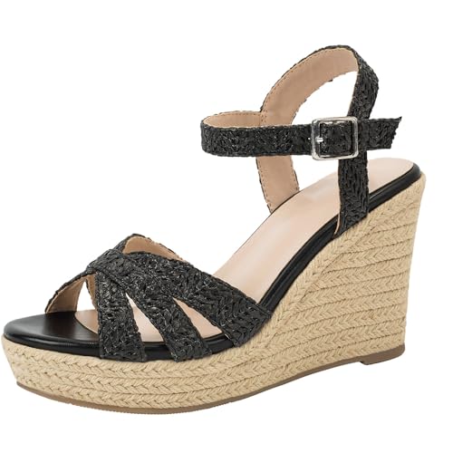 Image of Women's Wedge Platform Sandals - Stylish Raffia Woven Espadrilles Summer Sandals Women's Open Toe Buckle Ankle Wedge Heels