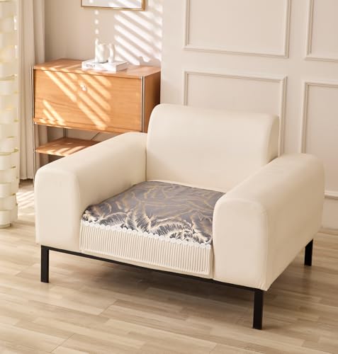 Image of House of Quirk Sofa Cover Mat Leaf Pattern Chenille Fabric Seater Sofa Slipcover Anti-Slip Stretch Seat Pad from Pets Replacement Protector (One Seater, Grey Gold, 90x70cm)
