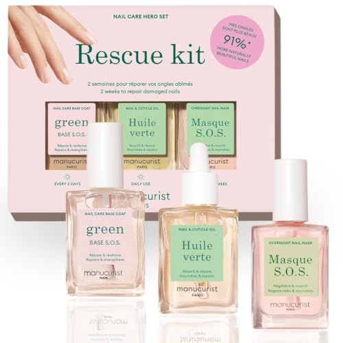 Manucurist Kit Rescue- Kit Uñas - Fortalecedor de Uñas Debiles y Quebradas - 1 Base Coat Endurecedor Uñas, 1 Mascarilla Reparadora Uñas, 1 Aceite Cuticulas Uñas - Vegano - Regalo Mujer