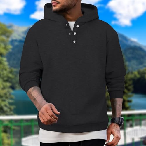 Mens Sweatshirts Snap Button Long Sleeve Pullover Hoodies Fleece Winter Casual Solid Color Hooded Sweatshirt2