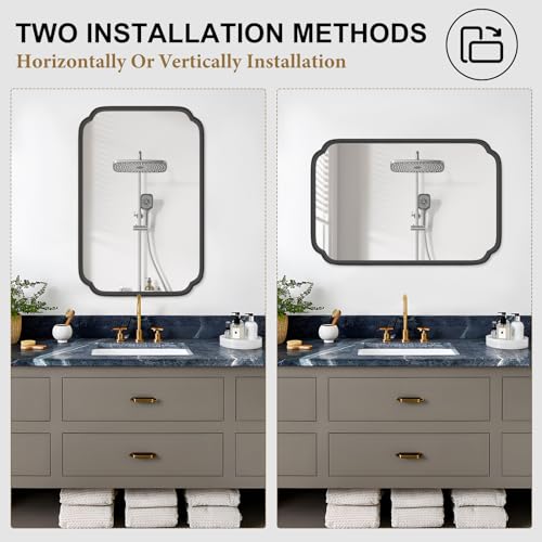 Black Bathroom Vanity Mirrors for Over Sink 24 x 36 Modern Rounded Corner Rectangle Mirror with Non-Rusting Iron Metal Framed Wall Mounted Decorative Mirror (Horizontal/Vertical)