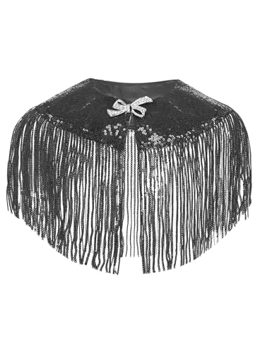 JEYPINMI Girls Sparkly Sequin Shawl Wrap Princess Tassels Shoulder Cape Kids Bowknot Bolero Shrug Cardigan3