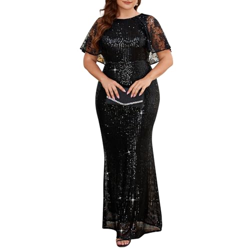 Cololura Women Sequin Plus Size Mesh Perspective Short Sleeve Party Cocktail Bodycon Evening Maxi Dress