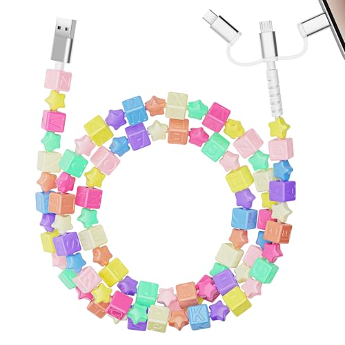 3 in 1 Stars Beaded Multi Charging Cable for USB C/iPhone/Micro USB for iPhone 17/16, iPad, HTC, LG, Samsung Galaxy, Sony, Android Phones, Small Fans, Travel Phone Chargers Cable for Multiple Devices