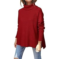 Newshows Oversized Sweater Women Fall Winter Turtleneck Long Sleeve Knit Sweater Casual Cozy Chunky Pullover Tops Clothing Dark Red,S