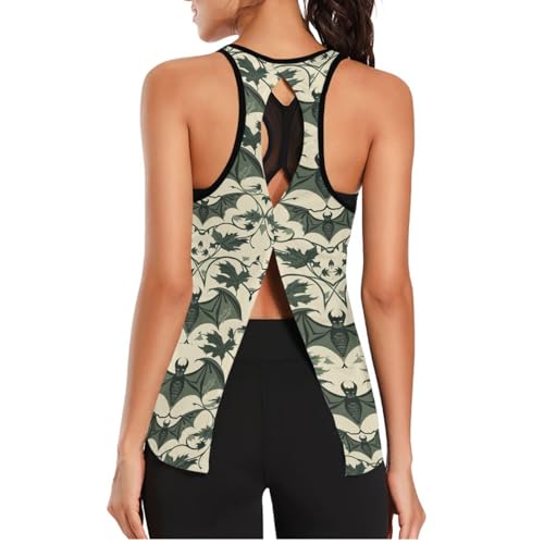 voucong Camiseta corta sin mangas para mujer, de tela de malla, de secado rápido, para yoga, correr, muscular, yoga, William, William Morris - Murciélago verde, L