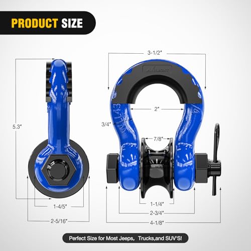 Image of Nilight 3 /4 inch D-Ring Shackle w /Snatch Block (2 Pack) 9,500 lb Working Load, 2-in-1 Heavy‑Duty Towing Pulley w /Isolator for Off‑Road Recovery, Winch Cable & Rope, Truck Jeep ATV UTV Tractor, Blue