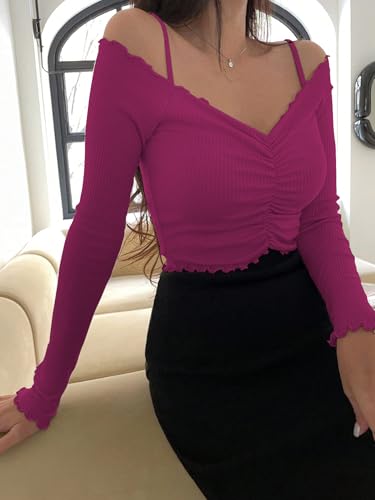 Image of Sugathari Women's Purple Solid Colour Open Cold Off Shoulder Long Sleeve Lettuce Hem Casual Autumn Trim Tight- Slim Fitting Ruched Front Ladies' Camisole Top, Tee, T-Shirt (T-Shirt 184)