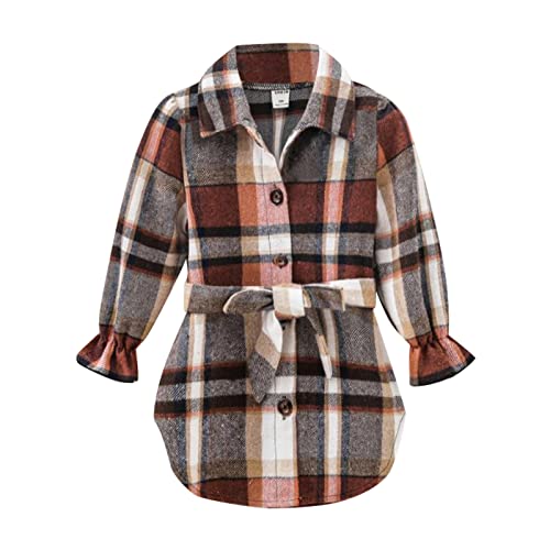 Toddler Girls Casual Plaid Shacket Wool Blend Button Down Long Sleeve Shirt Fall Dresses Shackets (Orange, 6-7 Years)