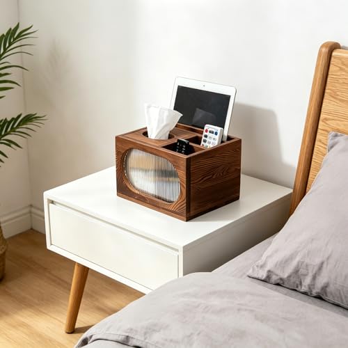 Panier de télécommande de luxe en bois brûlé et son distributeur de mouchoirs chic