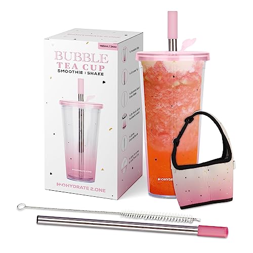 700ml Iced Coffee Cup with Lid Thick Straw Brush & SLEEVE | Reusable Travel Tumbler for Bubble Tea Boba Smoothie Milkshake or Any Drinks (Pink)