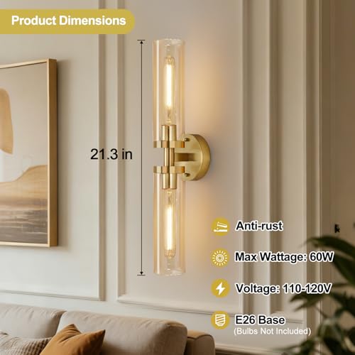 Image of Indoi Wall Sconces Set of Two, Hardwired Brushed Gold Bathroom Sconces Wall Lighting with Amber Glass, Modern Sconces Wall Decor Set of 2 Vanity Light fixtures for Bathroom Mirror Bedroom