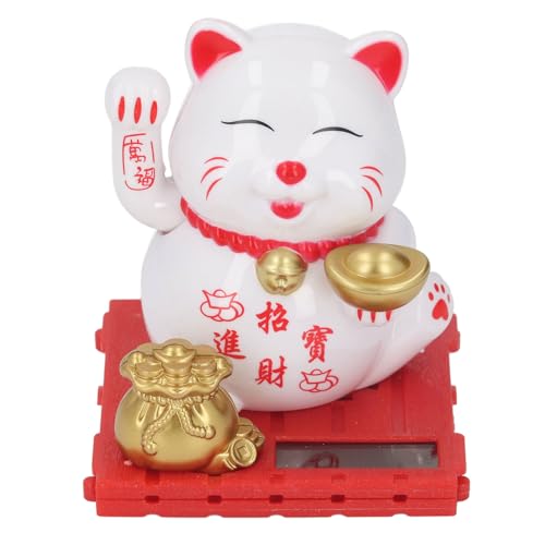 Lucky Cat, Solar Powered Cute Waving Cat, Lucky Cat Waving Arm Set,Vivid and Lovely Chinese Cat,Solar Fortune Cat Statue Decorations for Front Desk Car Business Openings (White)