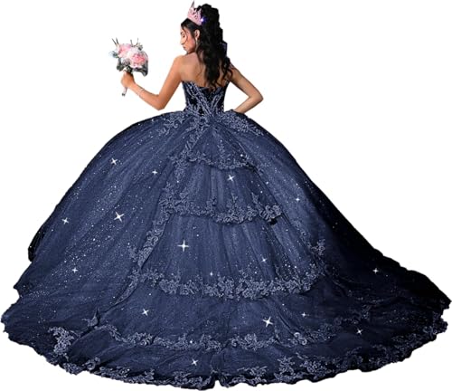 SanLIJIAN Sweetheart Lace Appliques Quinceanera Dresses with Train Glitter Beaded Ball Gown Tiered Prom Dress for Sweet