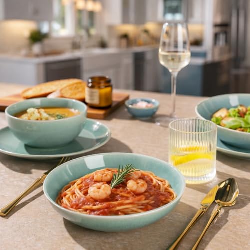 Image of GBHOME Dinnerware Sets with Double Bowls for 6, 24 Pieces Stoneware Plates and Bowls Set, Scratch Resistant Ceramic Dishes Set, Dishwasher & Microwave Safe-Malachite Green
