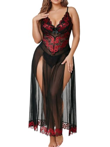 Image of Alrovetoney Plus Size Lingerie For Women Babydoll Sexy Mesh Maxi Nightdress Exotic Sleepwear Side Slits