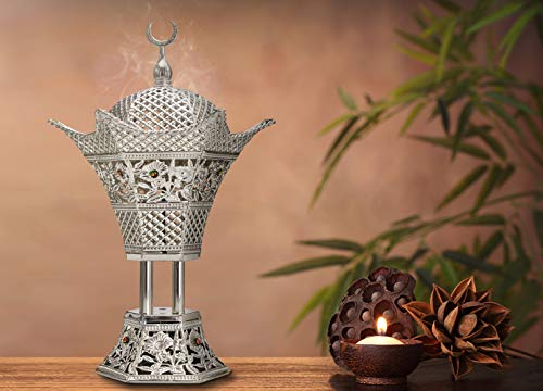 Am Bakhoor Charcoal Incense Burner - Oud Frankincense Resin Burner 10.5 Inches Tall - For Bakhoor Oud Incense Sticks Cones - Luxury Filigree, Silver #TOP3
