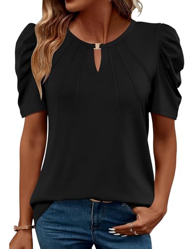 iWoo Summer Tops for Women UK Casual Short Sleeve Tunic Crew Neck Gigot Sleeve T Shirts Blouse Shirt Black M