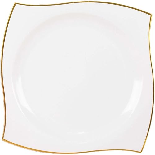 Miniatura 7 de Efavormart - Paquete de 10 platos llanos cuadrados de plástico duro con borde ondulado blancodorado de 8 pulgadas, platos desechables para fiestas