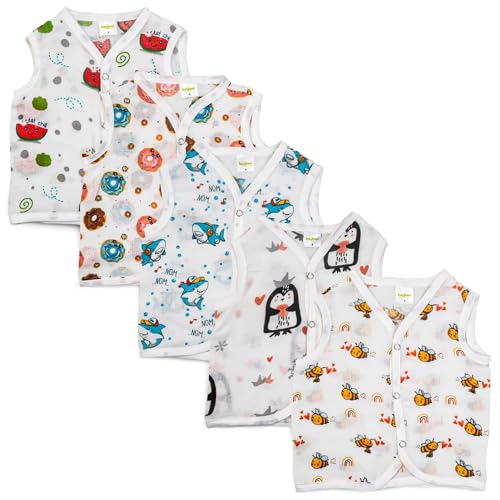 Image of BAYBEE 100% Organic Cotton Muslin Button Jablas | Sleeveless Baby Vest Jabala Pack (Assorted, Age 9-12 Months, 5 Pieces)