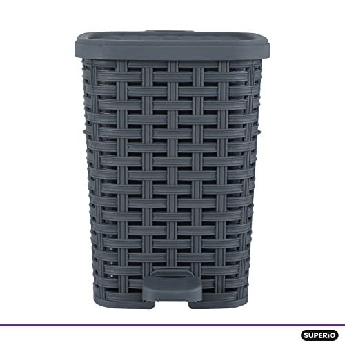 Image of Superio Mini Trash Can with Foot Pedal Small Outdoor Garbage Can with Lid, 1.5 Gallon Plastic Waste Basket for Bathroom, Bedroom, Kitchen, Office, Patio (Wicker Grey 6 QT.)
