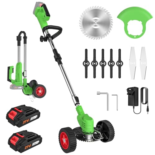 Cordless Strimmer 21V, Electric Grass Strimmer with 2 Batteries and 3 Different Blade Types, Height Adjustable, Foldable Battery Strimmer, Removable Wheels, Brush Cutters for Garden and Lawn Mowing