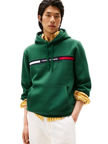 Tommy Hilfiger Herren-Kapuzenpullover aus Fleece, mittelschwer, mit charakteristischem Streifenlogo, Large 1