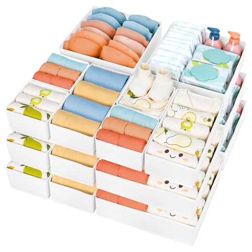 Image of DIMJ Drawer Organizer Clothes, 18 Pack Dresser Organizer, Foldable Closet Organizers and Storage, Fabric Bins, Drawer Dividers for Nursery, Baby Clothes, Underwears, Sock (White)