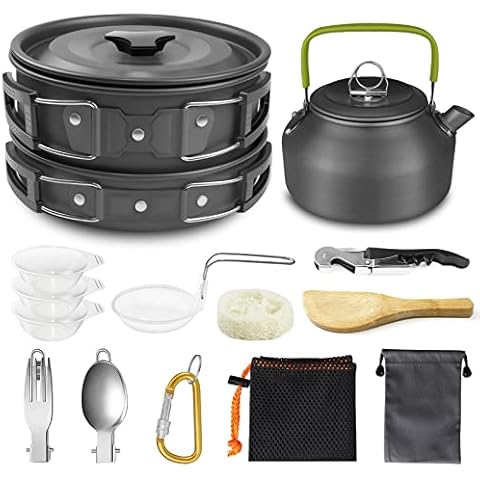 AUTOPkio Camping Cookware Set, Portable Lightweight Outdoor Cooking Set Cooking Pot Pan Bowl Mess Wine Opener for 2-3 Persons Travel Backpacking Hiking Trekking BBQ Cover