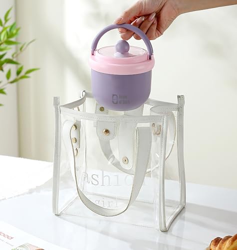 Image of House of Quirk Portable Soup Cup & Porridge Jar, 304 Stainless Steel Breakfast Cup with Lid & Spoon - Insulated Oatmeal, Milk & Food Container for Students & Travel (Purple /Pink)