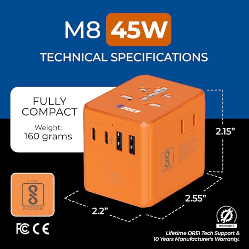 Image of Orei 45Watt Universal Charger Adapter | 3X USBC 2XUSB A - 6-in-1 International Travel Adapter | Universal Travel Adapter Compatible 150+ Countries | Type C, A, G, I Compatible, Cosmic Orange