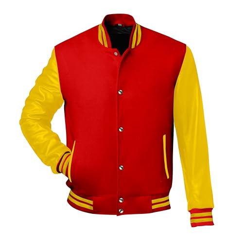Image of Red And Black Letterman Jacket Men - Mens Black Varsity Letterman High School Baseball Bomber Jacket
