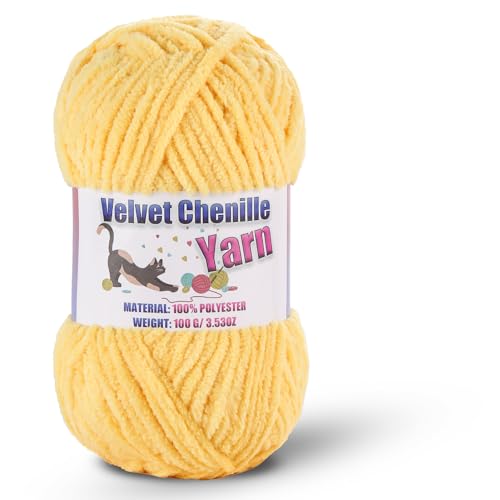 Image of Fluffy Chenille Yarn for Crocheting, Chunky Velvet Yarn for Crochet Amigurumi, Used for Making Baby Yarns Blanket, Clothes, Pattern Knitting Creations (1-Yellow)
