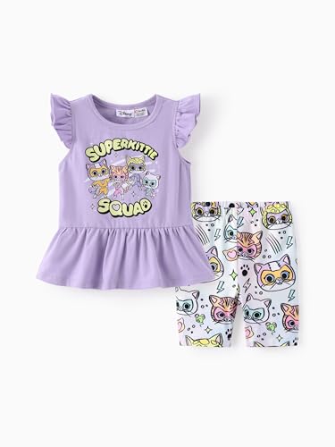 Disney Junior SuperKitties Toddler Girls Short Set Purple Ruffle Sleeve T-Shirt and Printed Leggings 2PCS Clothing Set Summer SuperKitties Purple 4-5T