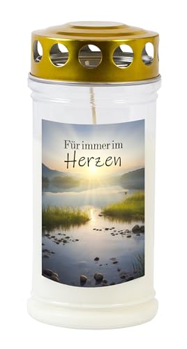 Grabkerze - Gedenkkerze Motiv 'Für immer im Herzen' 70-90 Std. Brenndauer Trauerkerze - Langlebig, 100% Pflanzenöl, Weiß mit Golddeckel TLB