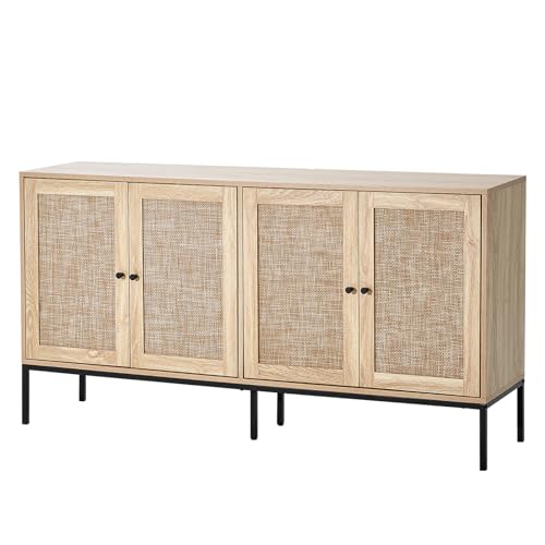 VEVOR Aparador de Ratán de 1500 x 360 x 800 mm con 4 Puertas Magnéticas y Estantes Ajustables, Armario de Ratán Aparador Tipo Buffet para Pasillo, Entrada, Sala de Estar o Cocina, Color Madera