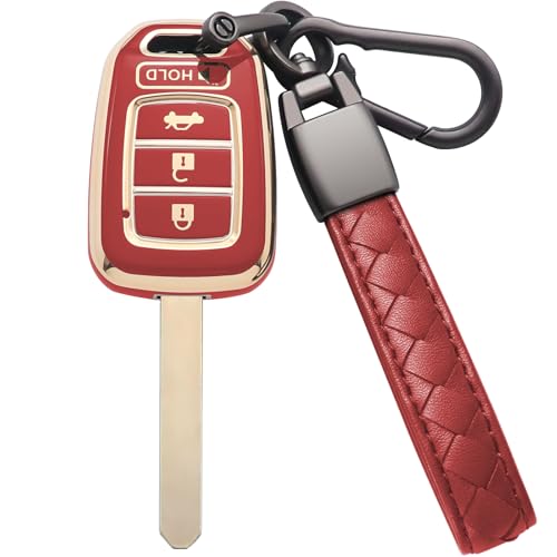 CAERSAT for Honda Key Fob Cover Premium Soft TPU with Keychain Key Case Holder All-Around Protection Compatible for 2013-2016 Accord CRV Civic HRV (4 Buttons, A Red)