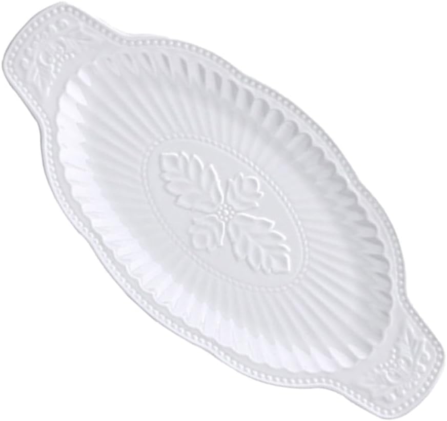 Ceramic Bone China Fish Plate Double Handles Small Size White Embossed Steamed Fish Serving Dish for Restaurant and Home
