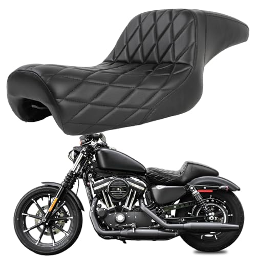 DREAMIZER Sportster Seat Black Two-up Seat Stepped Type Driver Passenger Seat Compatible with Harley Iron XL883 XL1200 (2004-2006)&(2010-2022) Suitable for 2.3-3.3 GAL (Black Half Diamond)