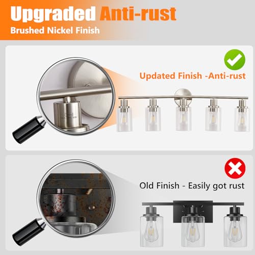 Image of DLLT 5-Light Bathroom Light Fixtures: Nickel Modern Vanity Lights with E26 Bulbs - Clear Glass Shade Bathroom Wall Lamp for Mirror Kitchen Living Room Hallway Cabinet Porch