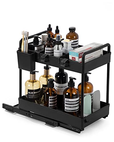 TOPWE Rangement sous Evier Cuisine, Organisateur sous Evier Coulissante à 2 Niveaux avec 6 Crochets, Multifonctionnel Etagere sous Evier pour Armoire,Cuisine, Salle de Bain, Noir