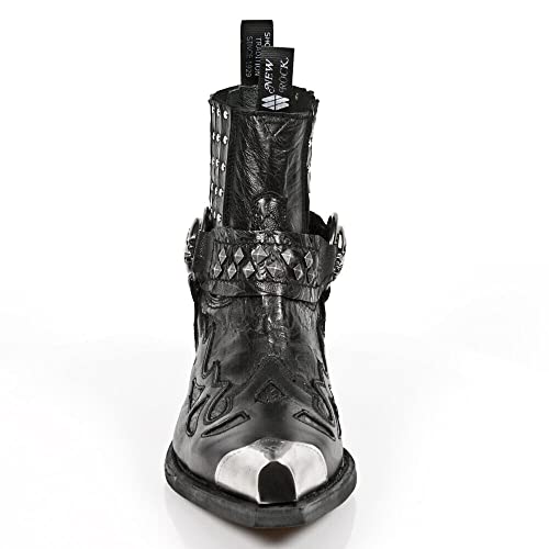 New Rock Mens Boots 7950P-S1 Black Ankle Western Goth Strap Skull Studded Metal Boot4