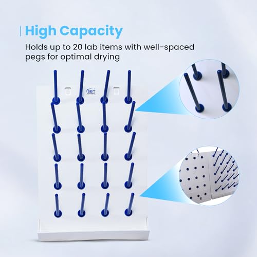 Image of Laboratory Drying Rack 20 Pegs Collection Tray which Collects All The Waste Water /for Lab White Base with Blue Polypropylene Pegs Pack of 1