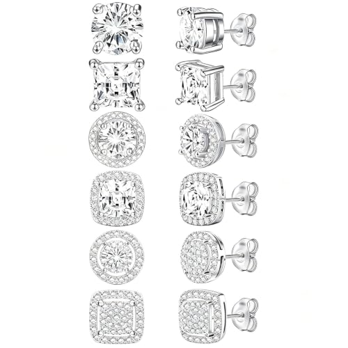 Image of NEWITIN 6 Pairs Silver Earrings for Men Women Halo Stud Earring Set | Hypoallergenic, 18K Gold Plated Stainless Steel, Cubic Zirconia, Round Square Diamond Stud Earrings, Unisex Earrings Set, 8mm