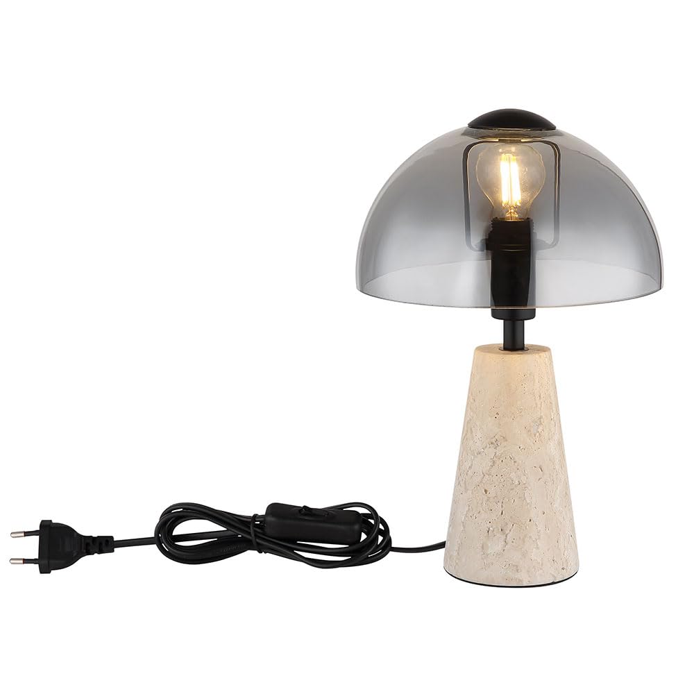 Tischlampe Travertine Stein grau Nachttischlampe Rauchglas Pilz Tischleuchte Wohnzimmerlampe, 1x E14, DxH 20 x 31 cm